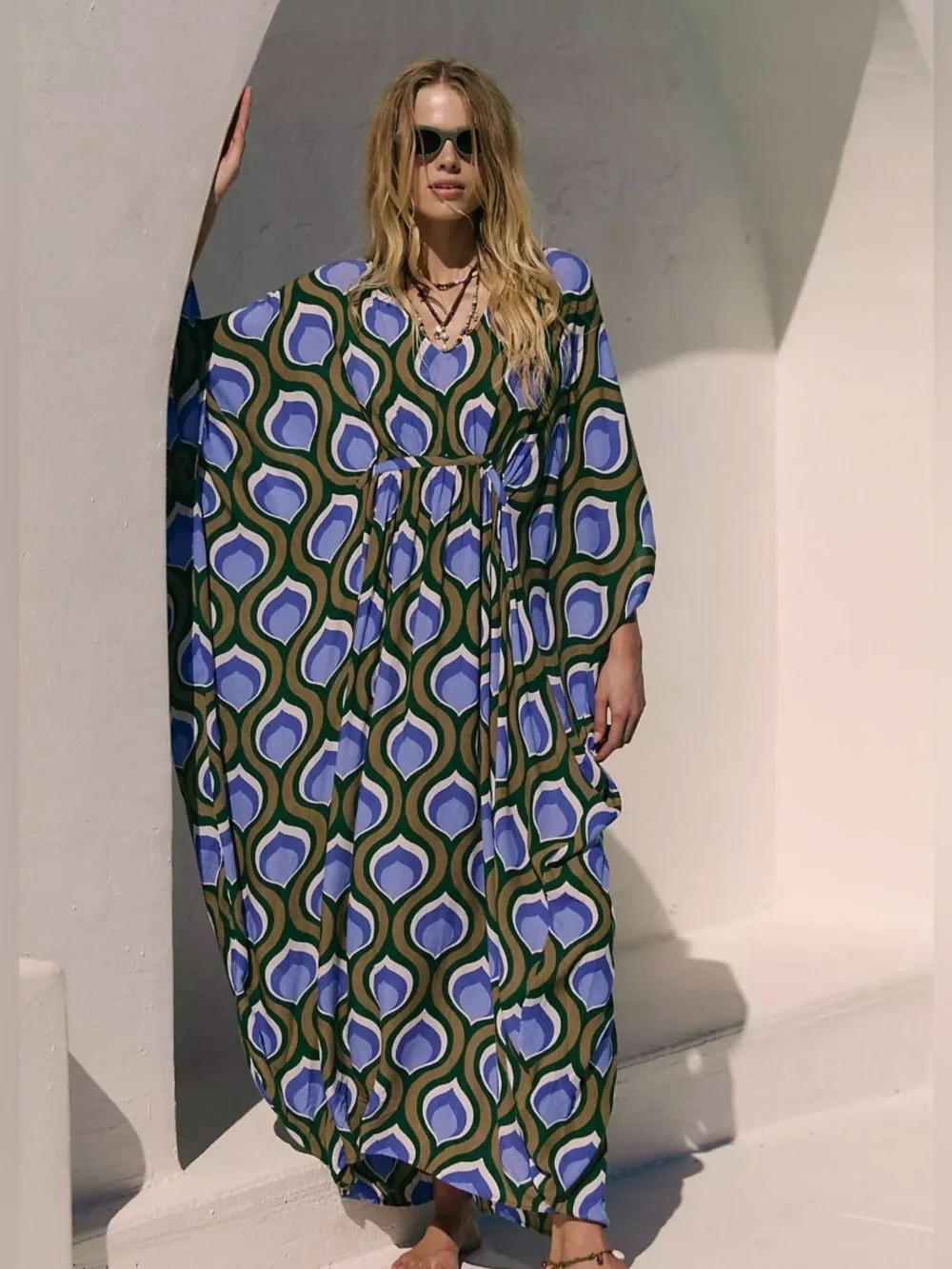 Free People Groovy Baby Maxi Kaftan Dress Olive Periwinkle Retro Mod 70s Boho
